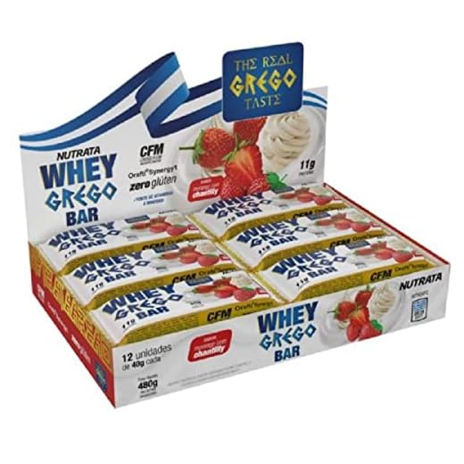 Barra Whey Grego Bar - 12 Unidades de 40g Morango com Chantilly - Nutrata, Nutrata, 12 Unidades de 40g