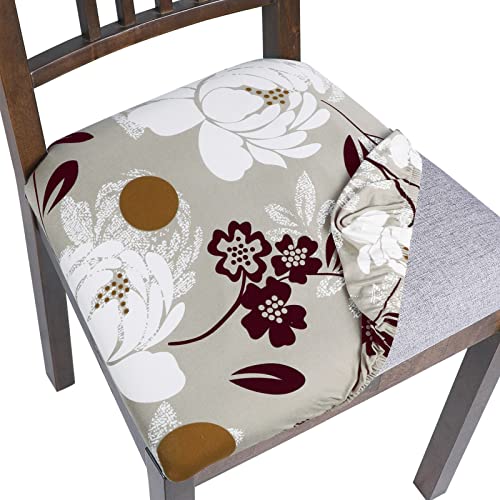 Image of SearchI Seat Covers for Dining Room Chairs Stretch Printed Chair Seat Covers Set of 6, Removable Washable Upholstered Chair Seat Protector Cushion Slipcovers for Kitchen, Office(Flowers Pattern10)
