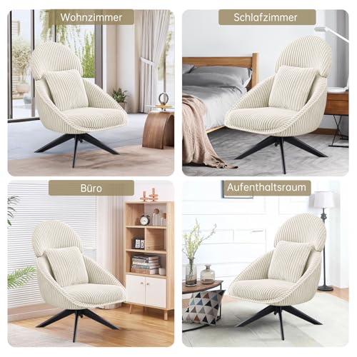 Ckaff Loungesessel Sessel Wohnzimmer 360°Drehbar, Ohrensessel Armlehnstuhl Polsterstuhl mit dickem Abnehmbares Wurfkissen, Relaxsessel Lesesessel für Wohnzimmer Schlafzimmer Büro, Beige