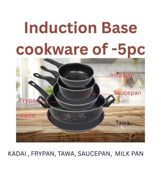 Image of Induction Base Non Stick Cookware Set 5 Piece Kadai Frypan Tawa Saucepan Milkpan Cast Iron Kitchen Use Durable Set Black Free Size