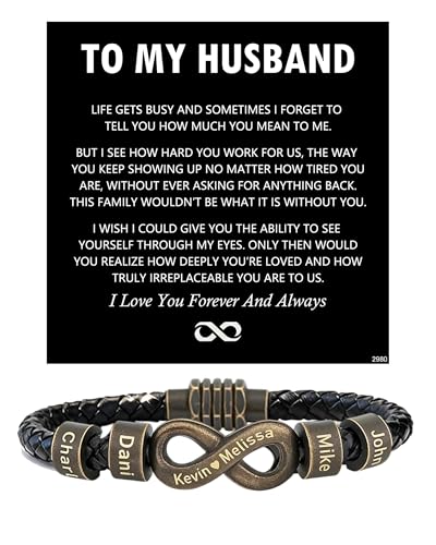 ziella Personalized Infinity Bracelet for Husband Custom Braided Leather Bracelet with Engraved Name Beads Anniversary Birthday Gift (9inch Irreplaceable)