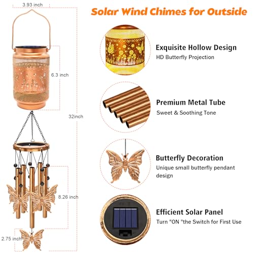 Image of 2 Pack Butterfly Solar Wind Chimes for Outside, Gifts for Mom Women Grandma Birthday Memorial Teacher, 32 inch Windchimes Outdoor Decor Hanging Solar Lantern for Garden Porch Patio Backyard