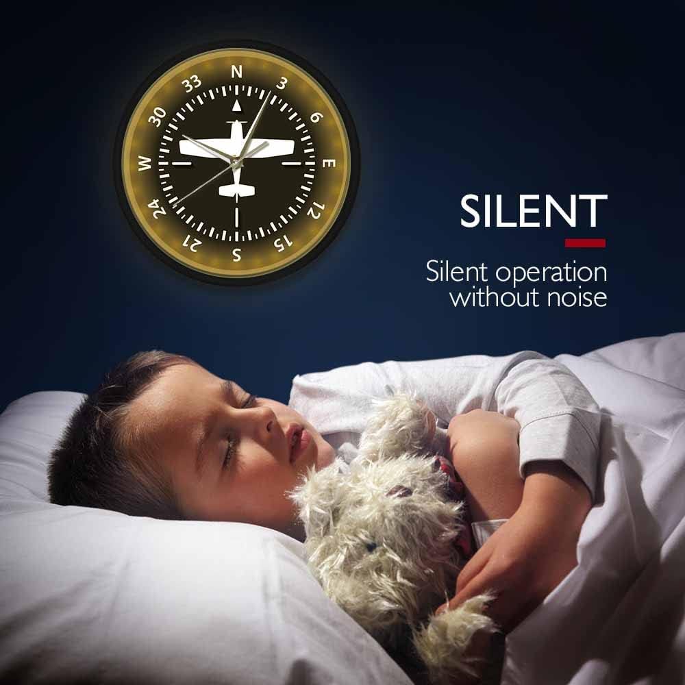 Geek Alerts Aviation Aircraft Compass Turns Pilots Wall Clock with Sound Control LED Night Light Flight Instrument Home Decorative Airplane Themed Clock Silemt Movement Wall Watch