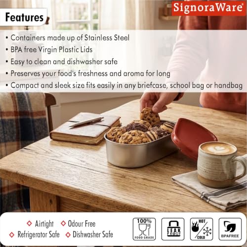 Image of Signoraware Flat Stainless Steel Oval Small Container,(450ml, Red), Airtight & Leakproof, Dishwasher safe, Best for School, Office, Picnics & Outdoor Activities, Great for Kids & Adults