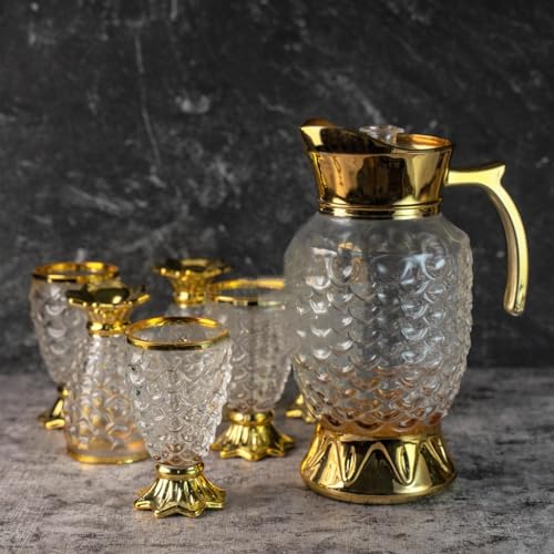 Image of Crystal Golden Water and Juice Glasses Set of 6 and Jug 1 piece Transparent, Glass and Jug Set for Dining Table,Party,Gift Set,All pourpse use Set of 1 (7 piece) (MT-7)
