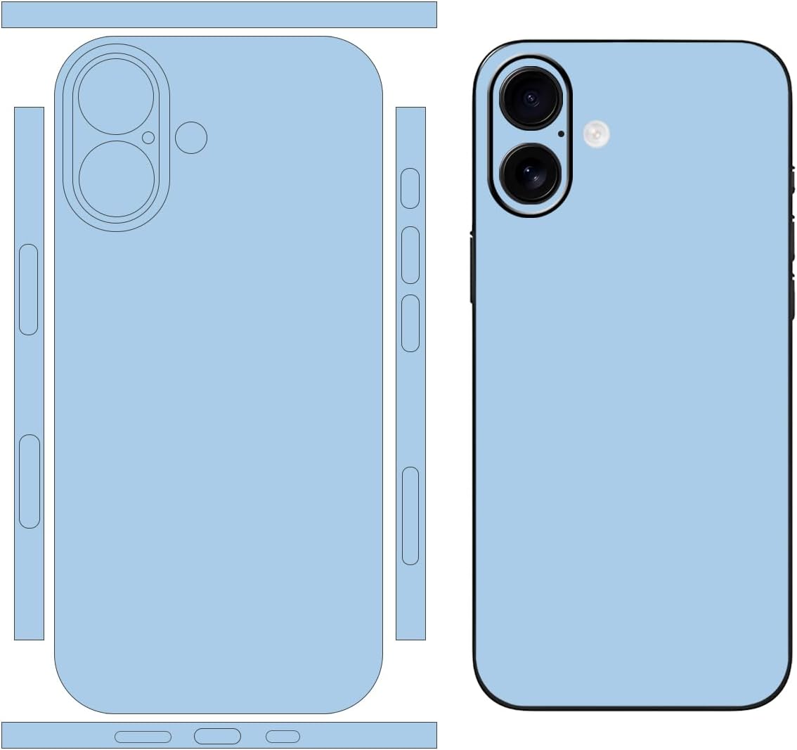 Paquete de 2 películas protectoras compatibles con iPhone 16 (azul claro) | Calcomanía de vinilo para envolver la piel, cubierta de pegatinas de color sólido, para la parte posterior del teléfono, el borde, la cámara