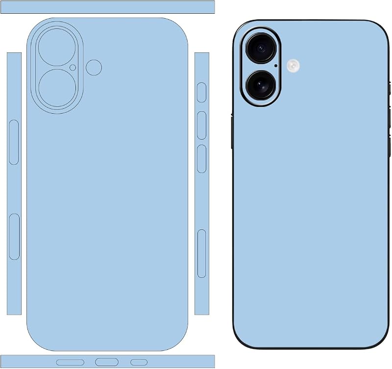 Paquete de 2 películas protectoras compatibles con iPhone 16 (azul claro) | Calcomanía de vinilo para envolver la piel, cubierta de pegatinas de color sólido, para la parte posterior del teléfono, el borde, la cámara