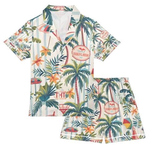 senya Coconut Trees and Umbrellas Satin Summer Pajama Sets Silk Short Sleeve Button Down Sleepwear
