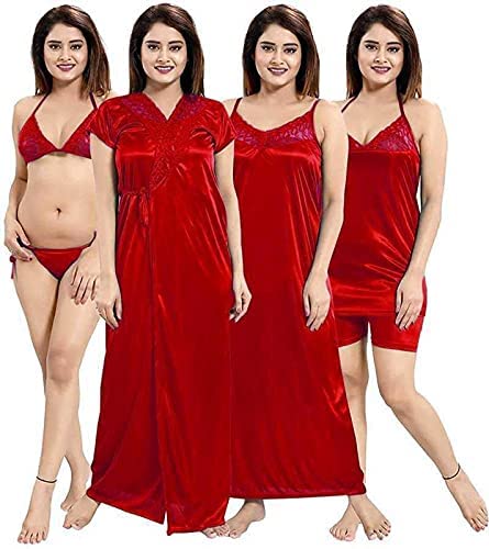 Image of Airgear Women Nighty 6 PCS Purple Satin with Bra Panty