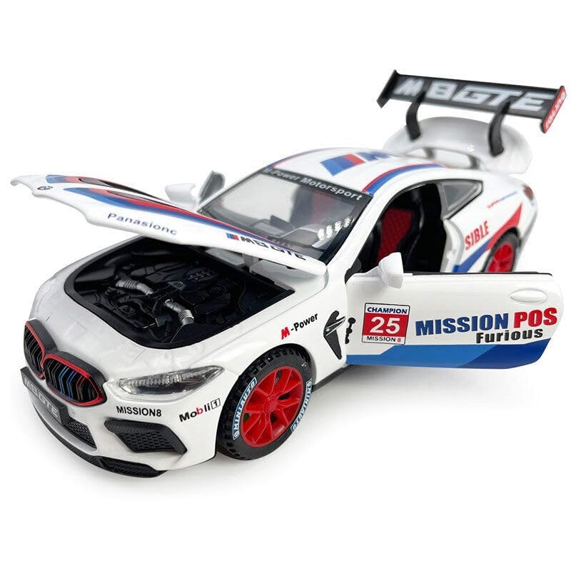 Image of BMW M8 GTE 1:32 Model Car with Box, Zinc Alloy Pull Back Toy car with Sound and Light for Kids Boy Girl Gift [Colors as Per Stock] (BMW M8 GTE 1:32)