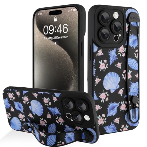 Coque iPhone 15 Pro avec joli motif coquillages et fleurs à sangle noire