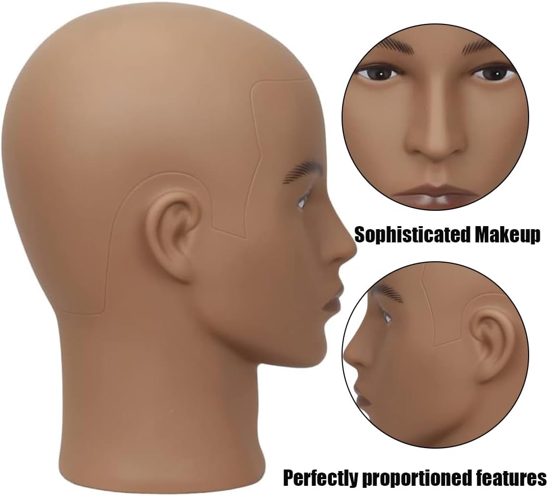 HAIRWAY Male Mannequin Head Stand Professional Cosmetology Mannequin Head Bald Training Wigs Head Stand for Wigs Making and Display with Free T-pins (Brown)
