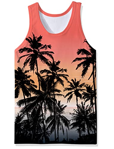Adovigo Mens Surf Tank Tops Hawaiian Tropical Vacation Beach Tank Top Teen Male Coconut Tree Graphic Casual Top Tee XX-Large