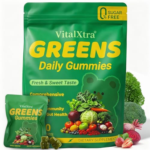 VitalXtra Sugar-Free Greens Gummies Superfood Multivitamin Gummy for Adults Greens Daily Gummies w/Spirulina Chlorella Adaptogens Prebiotic Fiber & Fruit Veggie for Digestive Health 120 Count