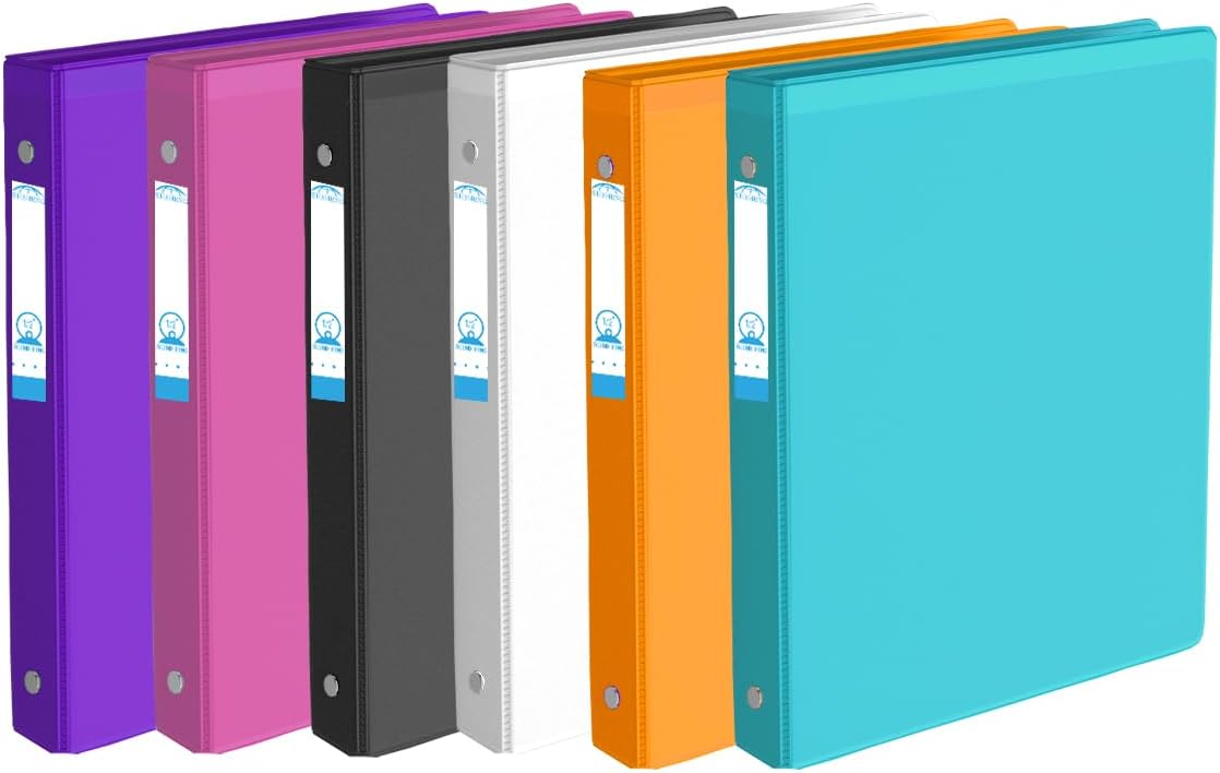3 Ring Binder 1/2 inch, 0.5 Inch Round Ring, Holds 8.5 * 11inch Papers, with 2 Pockets,6 Colorful Binders for Office/Business