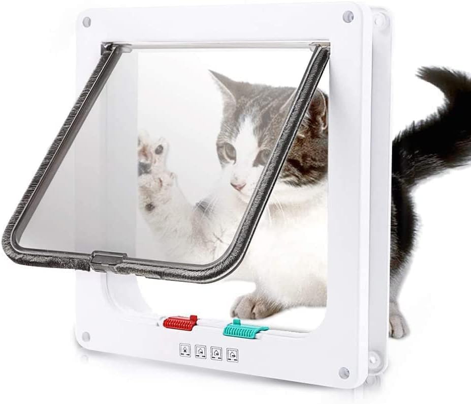 FAREVER Cat Door Large 4 Way Locking Cat Flap Door for Interior & Exterior Doors - Weatherproof Pet Door for Cats and Medium Dogs - White