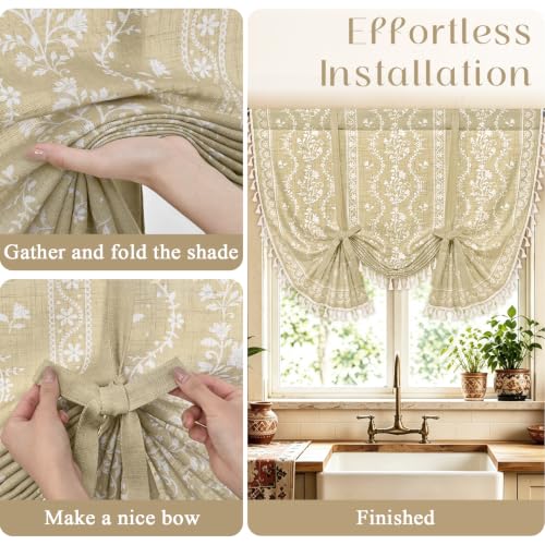 Image of Yinhua Boho Tie Up Curtains for Windows Vintage Linen Valance Light Filtering Floral Valance Rod Pocket Rustic Adjustable Tassel Window Valances for Bathroom, 42 inch W X 45 inch L, Natural