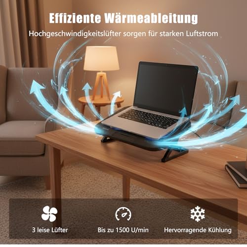Image of Laptop Cooling Pad with 3 Quiet Fans, 5-Level Height Adjustable Ergonomic Stand, 2 USB Ports & Phone Holder, Fits 12-17 Inch Laptops, Family-Friendly for Gaming /Work /Online Class,