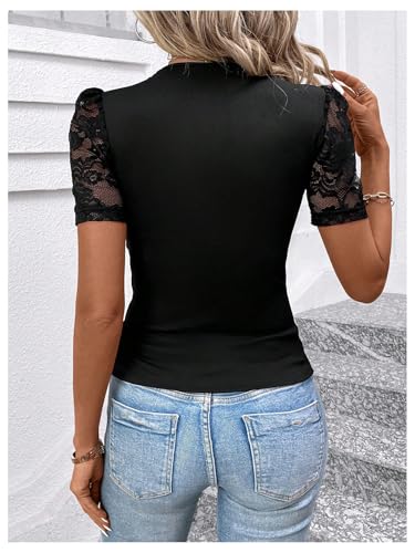 SweatyRocks Women's Mesh Short Sleeve Lace Trim V Neck Slim Fit Ruched Tee Shirt Top2