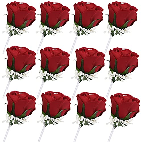12 Pack Wedding Boutonniere Silk Groom Flower Boutonniere for Men Wedding Prom Party Man Suit Decoration