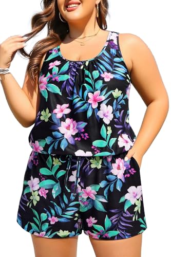 Image of Tempt Me Women Romper One Piece Swimsuits with Short | Boyleg, with Pockets, Modest bathing suit, Adjustable shoulder straps
