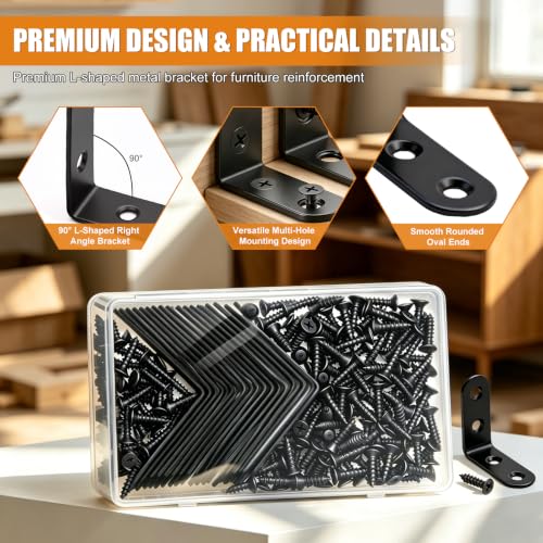 Image of mankk 90PCS L Corner Brackets Black Mending Plates Metal Bracket Stainless Steel Flat Brace Brackets Fixed Connecting Plate for Wood Repair Fixing