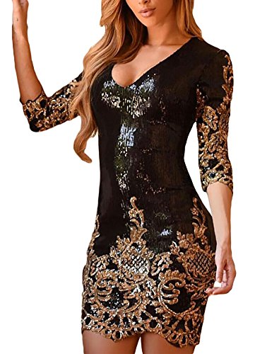 made2envy V Neck Sparkling Sequins 3/4 Sleeves Bodycon Mini Dress