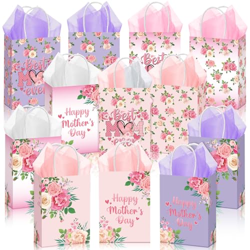 Dispowreath 24 Pcs Mothers Day Gift Bags with Handle 15 x 21 Pink Flower Goodie Bag with Tissue Papers Mothers Day Wrapping Supplies for Best Mom Ever Afternoon Tea Decor Retail Wrapping(Elegant)