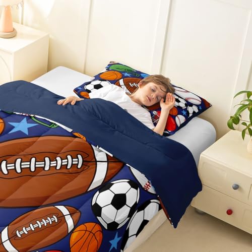 Image of Feelyou Football Comforter Set All Season Basketball Sports Bedding Set with 2 Pillow Cases Baseball Gaming Microfiber Kids King Bedclothes Bedroom Decor Duvet Quilt Breathable Soft Lightweight