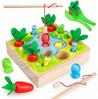 KOUMIN Wooden Toys Montessori Toy for 2 3 Years Old Boys Girls Gift Fun Toddler Educational Toy Farm Game Fine Motor Skill Toy Include 3 Theme Carrots Fish Worms for Toddler Babies Birthday Baby Gifts