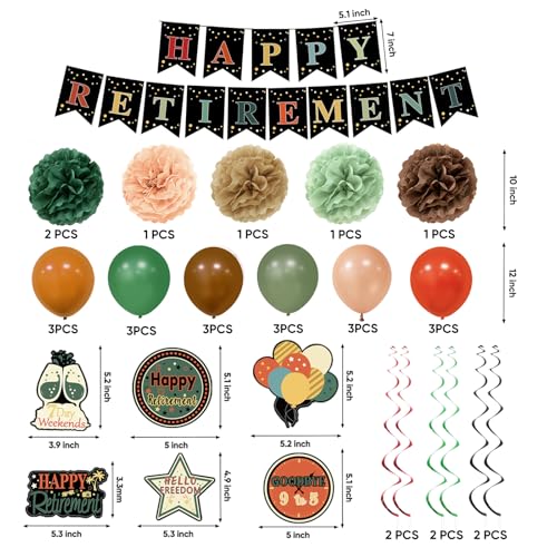 Image of Retirement Party Decorations for Men Women Vintage Happy Retirement Banner Backdrop Balloons Paper Pompoms Honeycomb Centerpiece Cake Topper Hanging Swirl Set