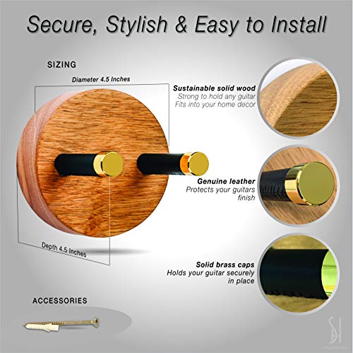 Stelle & Hegen Premium Guitar Hanger and Guitar Wall Mount Hanger Hook Holder for Electric, Bass and Acoustic Guitars. Guitar Accessories, Guitar Gifts for Musicians - Natural Wood