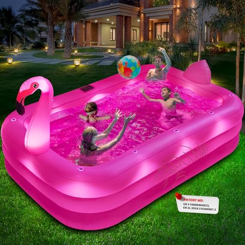 Inflatable Pool with Lights, Solar Flamingo Swimming Pool for Kids,Adults Inflatable Blow up Pool, Large Kiddie Pool,Durable Thickened Kids Pool for Backyard,Outdoor,100'X63'X20'-Bright Pink