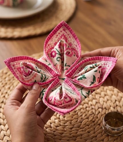 Image of BLOCKS OF INDIA Hand Block Print Cotton Table Napkin Set of 6 (Pink JAAL)