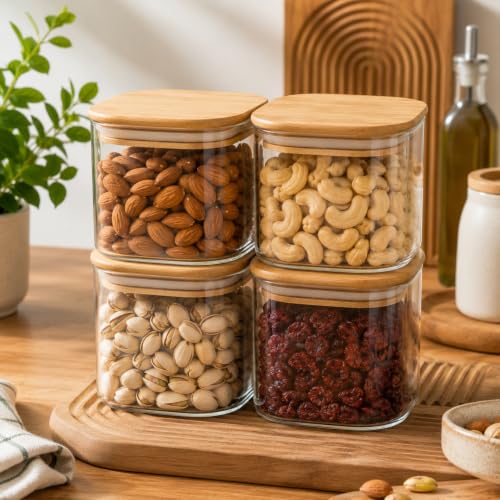 Image of Airtight Square Glass Storage Jar with Bamboo Lid, 500ml Multipurpose Kitchen Container for Coffee, Tea, Sugar, Masala, Spices & Dry Fruits | Modern Transparent Pantry Organizer (Pack of 4)