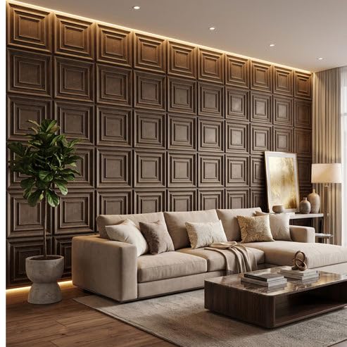 Image of Kayra Decor 3D PVC Wall Panels for Bedroom & Living Room | Accent Design | Magnum Brown Color | 19.7 x 19.7 Inch | Pack of 12 | 32.28 Sq Ft