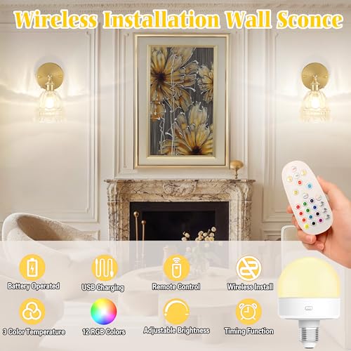 Image of Wireless Wall Sconce with Flower lampshade, Battery Operated Wall Lights,Wall lamp with 15 Colors for Bedroom Living Room Home Decor (Clear-Lily,2 Light Battery Operated)