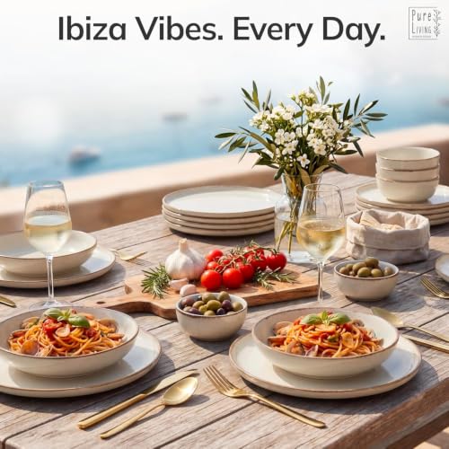 Image of 12 Piece Stoneware Dinnerware Set for 4, Handmade Plates and Bowls Set | Reactive Glaze Coating, Dishwasher & Microwave Safe Dish Set, Chip & Scratch Resistant Dishware Set, Rustic Beige