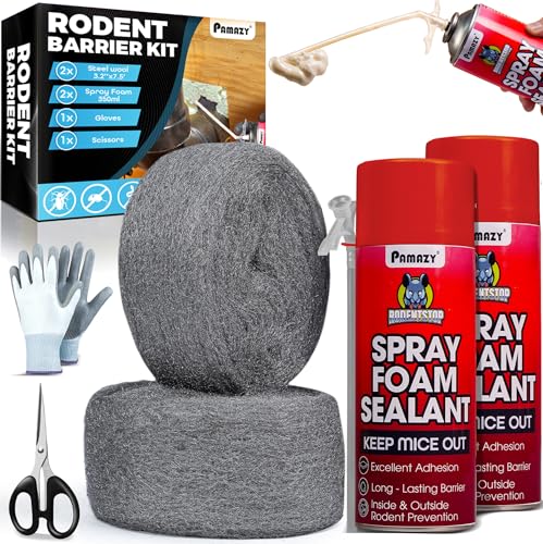 [Upgraded] Rodent Barrier Kit 2Pcs Steel Wool Included 2Pcs PU Spray Foam for Mice Control 3.2x7.5 Rodent Control Fill Fabric Gloves Scissors Gap Blocker in Hole Pipeline Vent in House Garage