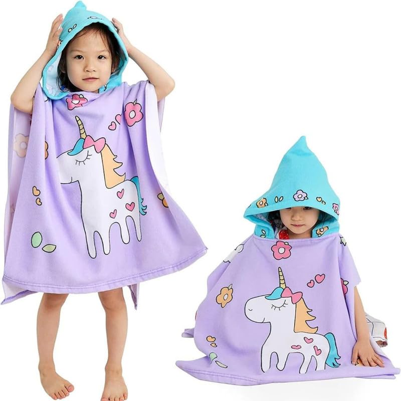 Image of Famyo Purple Unicorn Poncho Towel for Kids | Hooded Bath Towels | 60 x 60cm Toddler Pool Towel for Boys & Girls, 1-7 Years | Cute & Cozy Bathrobe Alternative