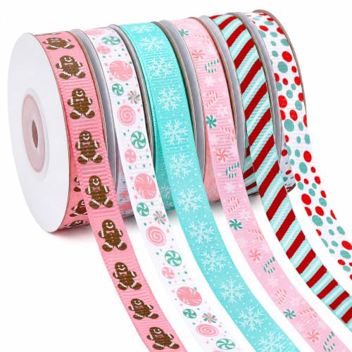 DECYOOL 6 Rolls Pastel Christmas Ribbon, 0.4 Inch 60 Yards Crafts Ribbons