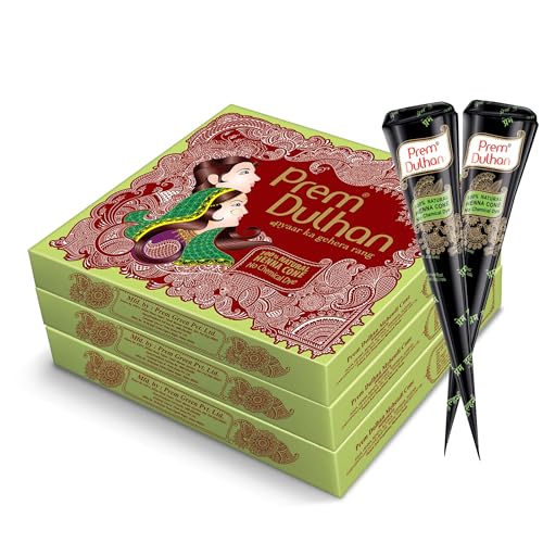 Image of Prem Dulhan 36 Cones Set of Organic Hennas, 3 Boxes Natural Mehendi Cones, Long Lasting Brown Henna