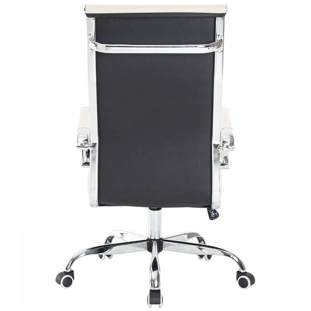 BAKAJI Silla de Oficina de Piel ergonómica con Respaldo Alto y Soporte Lumbar, sillón de Escritorio Giratorio con Altura Ajustable a Gas y Ruedas giratorias a 360°, Base de 64,5 cm cromada (Beige)