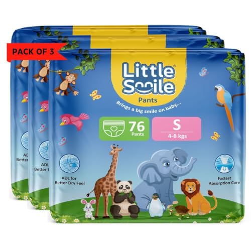 Image of Baby Diapers Pant Style | Size - S - 76 (Pack of 3) | Odorless and Antibacterial Layer with Urine Indicator (228 Pieces)