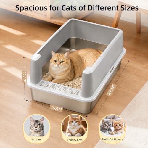 Image of XL Stainless Steel Cat Litter Box with High Sided Enclosure, Scoop & Mat