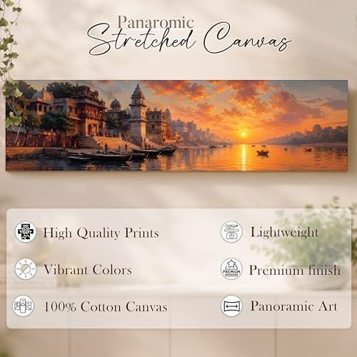 Image of Varanasi Ghats Sunset Stretched Canvas Wall Art Painting for Living Room, Abstract Spiritual Ganga Banaras Cityscape Canvas Wall Decor For Livingroom, Bedroom, Office, Hallway's, Hotel 12x46 Inch