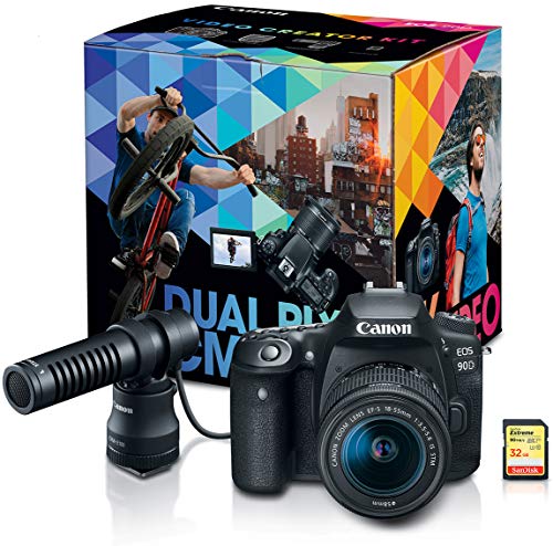 Canon DSLR Camera [EOS 90D] | Vlogging Video Creator Kit with Stereo Microphone DM-E100, 32GB SDHC Memory Card and Windscreen Accessory for Outdoor Recording Black