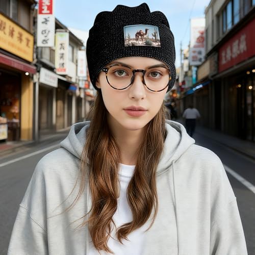 Winter Fashion Desert Cute Camel Print Knit Hats - Soft Breathable Black Beanie Unisex Versatile Accessories, Schwarz , Einheitsgröße