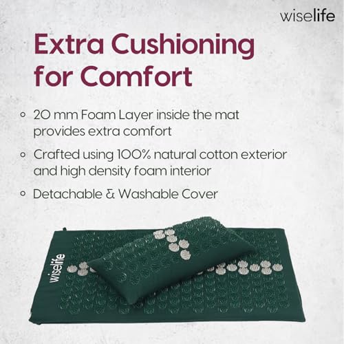 Image of WiseLife Acupressure Mat & Pillow Set with Bag | Acupuncture Mat for Neck & Back Pain Relief | Muscle Relaxation & Stress Relief | Sciatica Pain Support Large 71x44 cm (Dark Green)