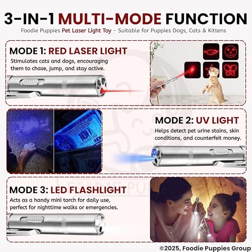 Image of Foodie Puppies 3 in 1 USB Laser Pointer Cat Teasing Toy with 5 Adjustable Patterns I Pet Chaser Tease Stick Pointer Toys for Cats, Kitten, Puppies & Dogs I Fun Exercise & Training for Indoor & Outdoor